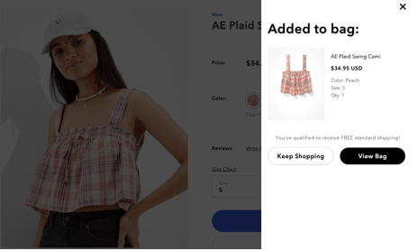 screenshot of American Eagle’s in-page shopping cart view
