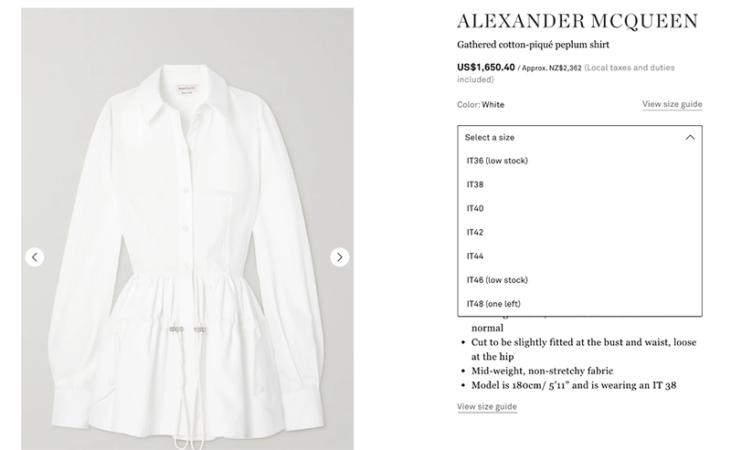 an alexander mcqueen product page with an open size dropdown that shows which sizes are low on stock.