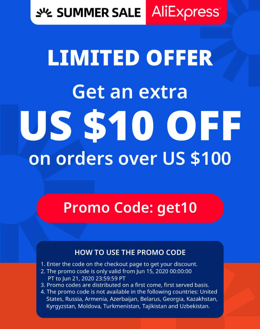 AliExpress sale for 10 dollars off orders over 100 dollars.
