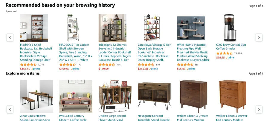 Amazon products recommended based on browsing history.