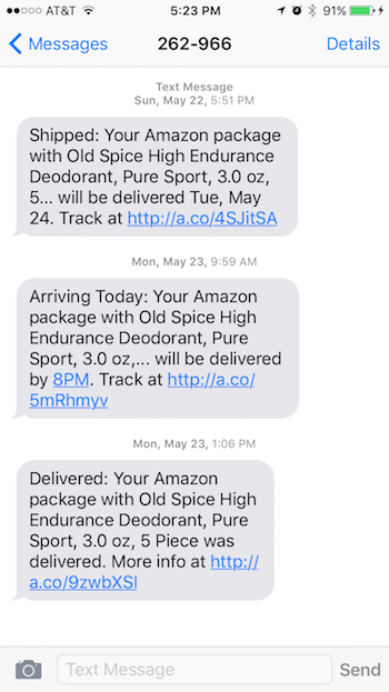 SMS messages alerting customer that their amazon package was shipped and has arrived