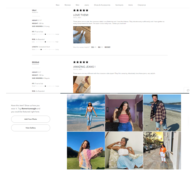 american eagle product pages with user-generated photos and reviews