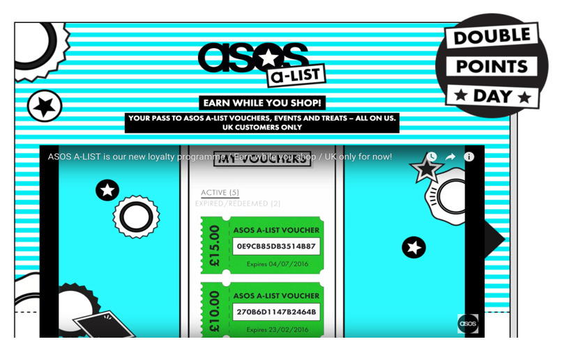 screenshot of ASOS’s A-list rewards loyalty program