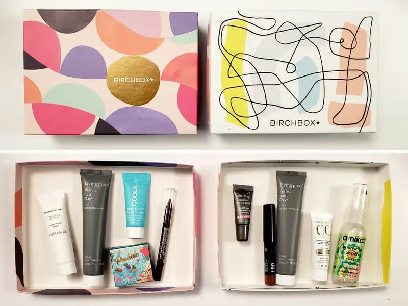 two birchbox packages with their lids off showing the design on the box lids and the products inside the subscription box.