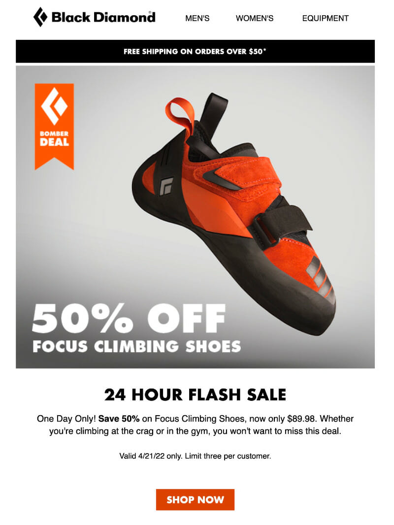 a black diamond ad for fifty percent off focus climbing shoes