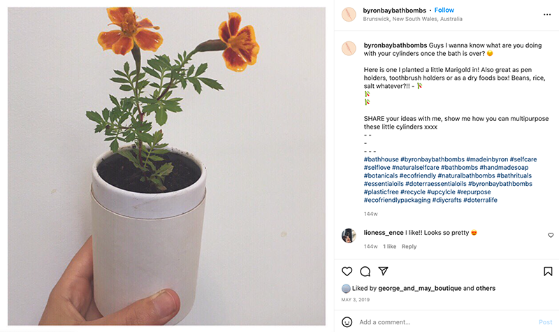 an instagram post from byron bay bath bombs showing their packaging being used as a planter