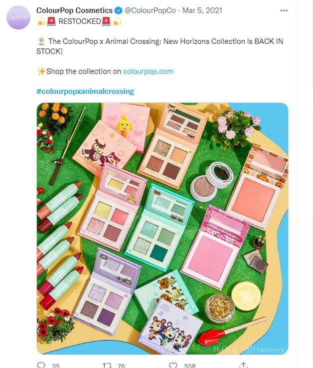 a tweet from colorpop alerting customers that makeup products from their collaboration with animal crossing has been restocked