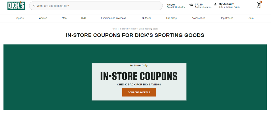 Page on the Dick’s Sporting Goods site that shows in-store coupons.