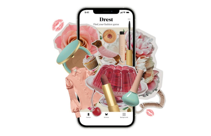 a photocollage of the drest app on a phone surrounded by makeup, clothes, dogs, and desserts.