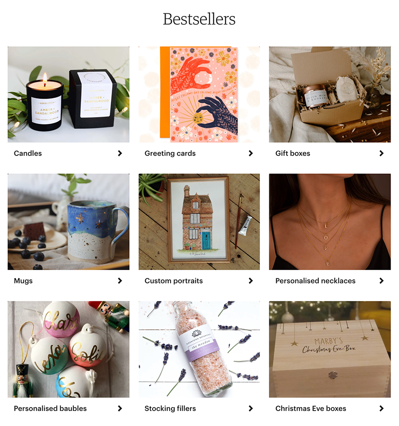 screenshot of etsy site showing most popular gifts