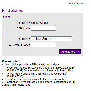 FedEx form to find shipping zones.
