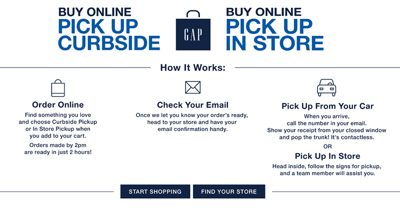 an explanation of gap’s bopis service: order online, check your email, pick up from your car, or pick up in store