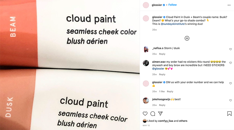 instagram post from glossier asking customers what they think about one of their products