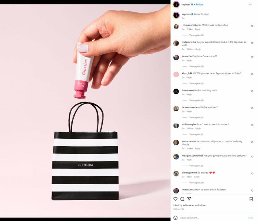 An instagram post showing a glossier product going into a sephora bag representing the Glossier x Sephora partnership