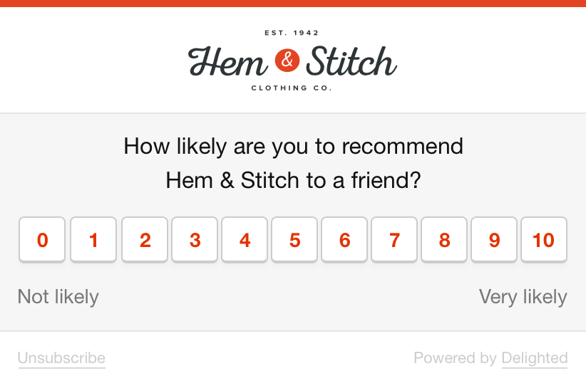 Hem and Stitch request to rate how likely you are to recommend it to a friend.