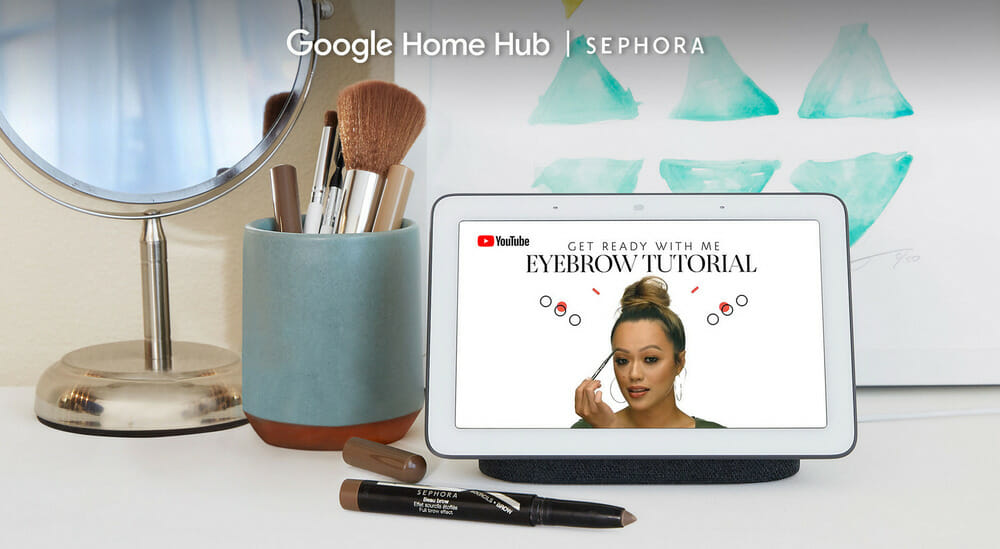 a youtube eyebrow tutorial from sephora being played on a google home hub device