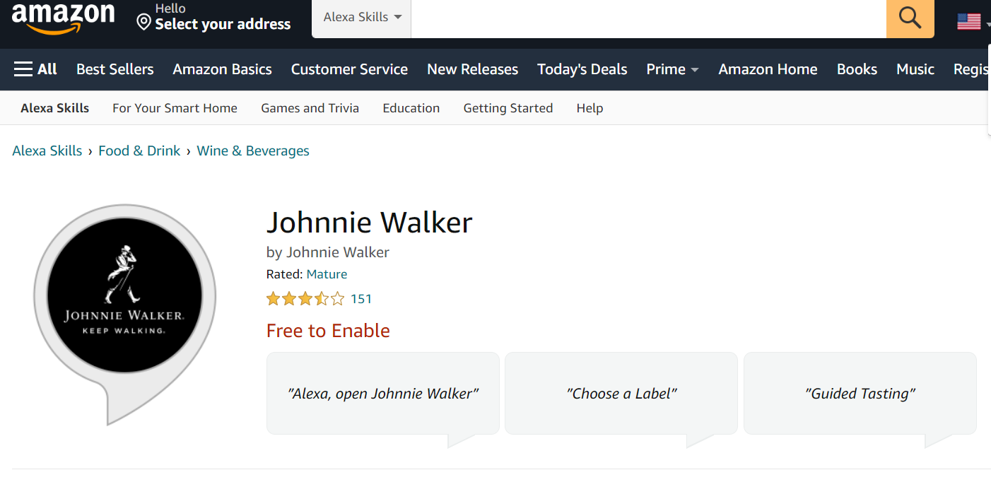 screenshot of Johnnie Walker page on Amazon site