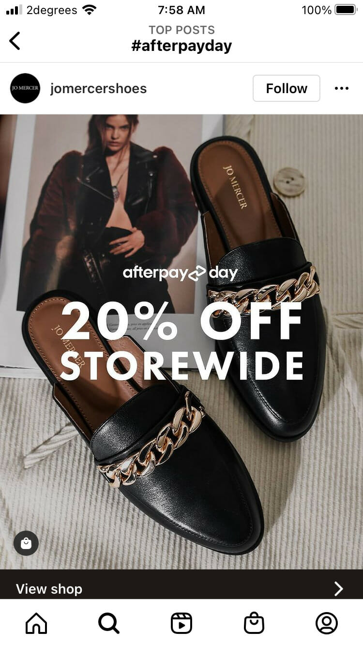 instagram post from jo mercer shoes showing afterpay sale
