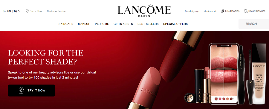 Lancome website header: ‘looking for the perfect shade?’