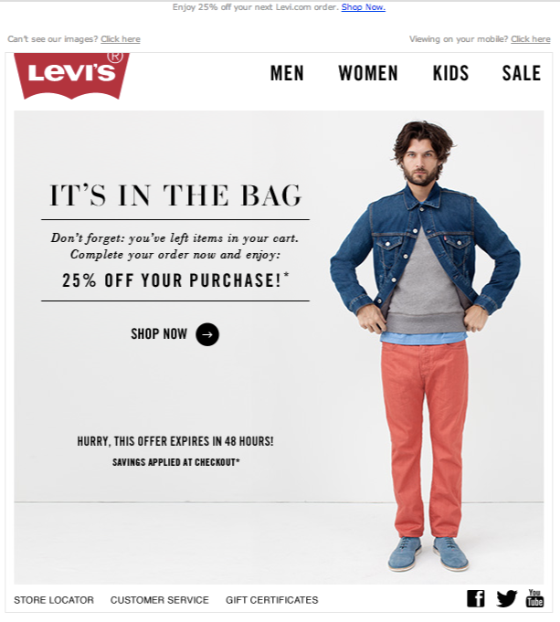 levi’s cart recovery email offering a 25 percent discount