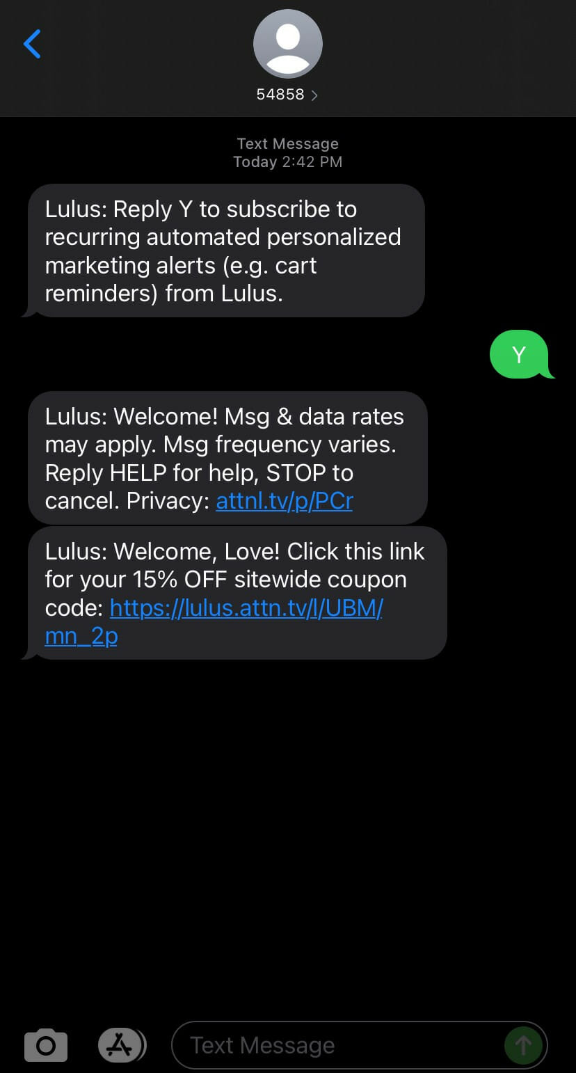 SMS text messages from lulu’s to confirm text message sign up
