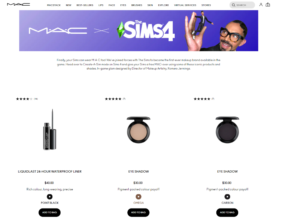 MAC’s line of makeup products collaborating with the Sims 4 game