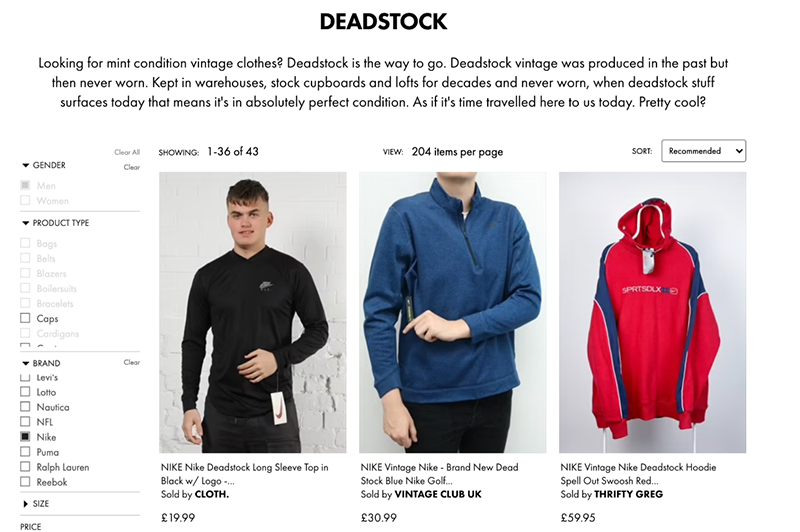 screenshot of nike deadstock on asos’ deadstock marketplace