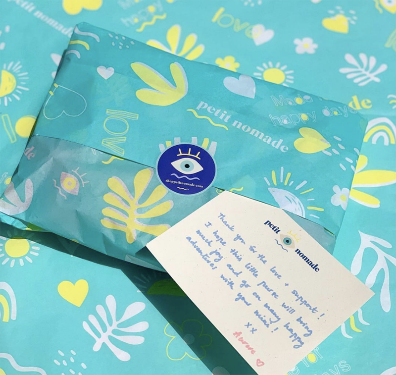 petit nomade packaging with a handwritten thank you card