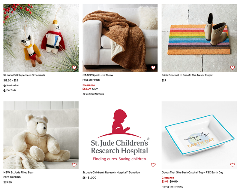 screenshot of pottery barn website showing charitable gifts