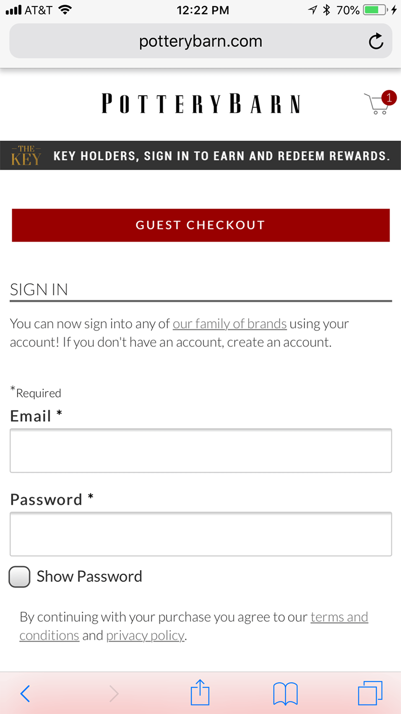 pottery barn’s checkout sign-in screen