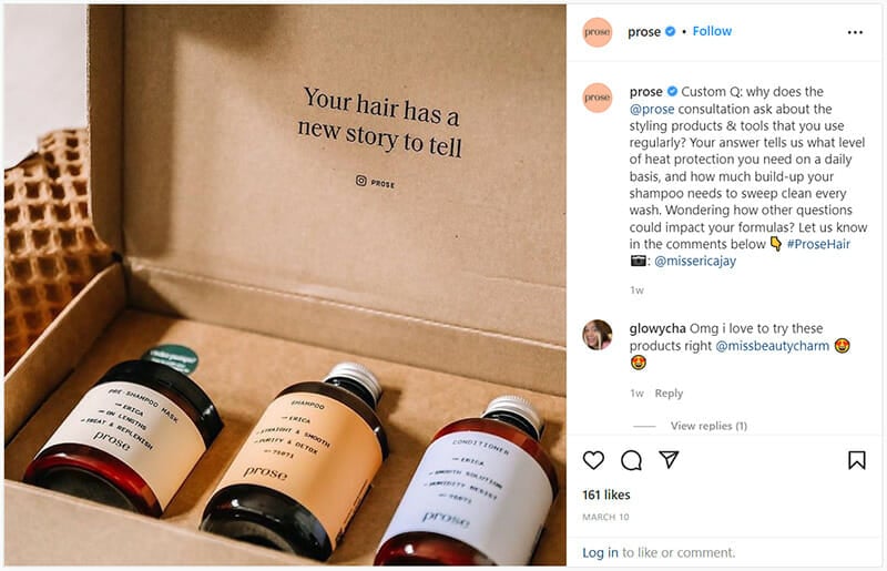 an Instagram post from Prose showing their product packaging