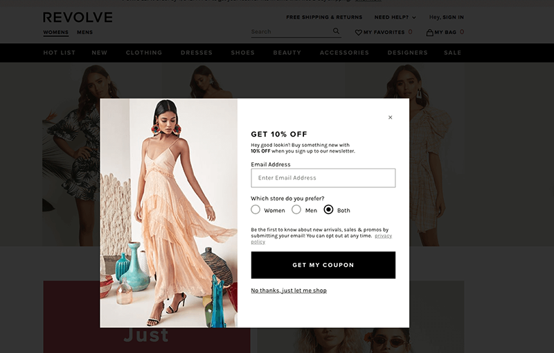 a pop-up on the revolve site asking for an email address in exchange for a store coupon