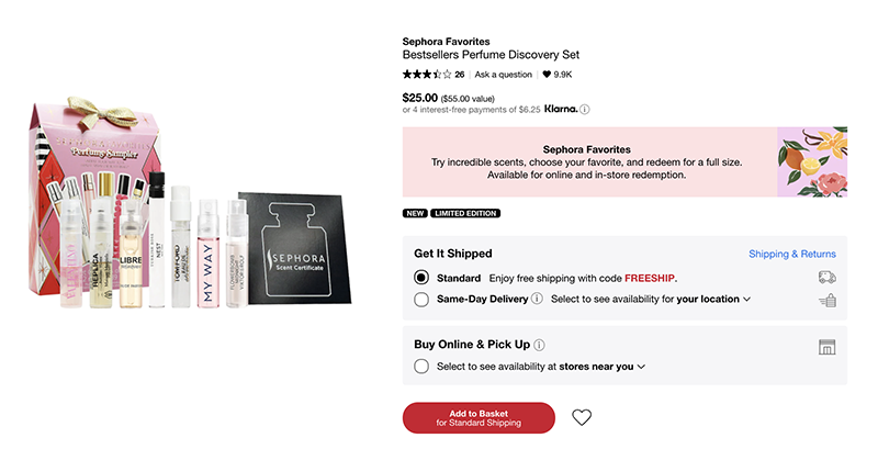 sephora checkout page showing the option to pick up their purchase in store instead of having it delivered