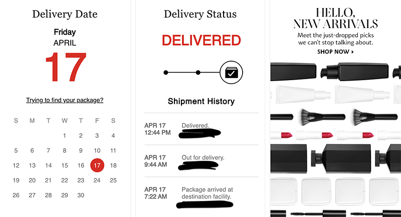 screenshots showing sephora’s delivery tracking process, including delivery date, delivery status, and new products that are available.
