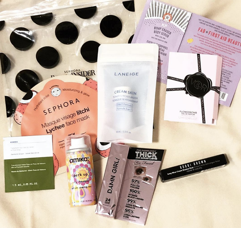 a collection of sephora sample beauty products