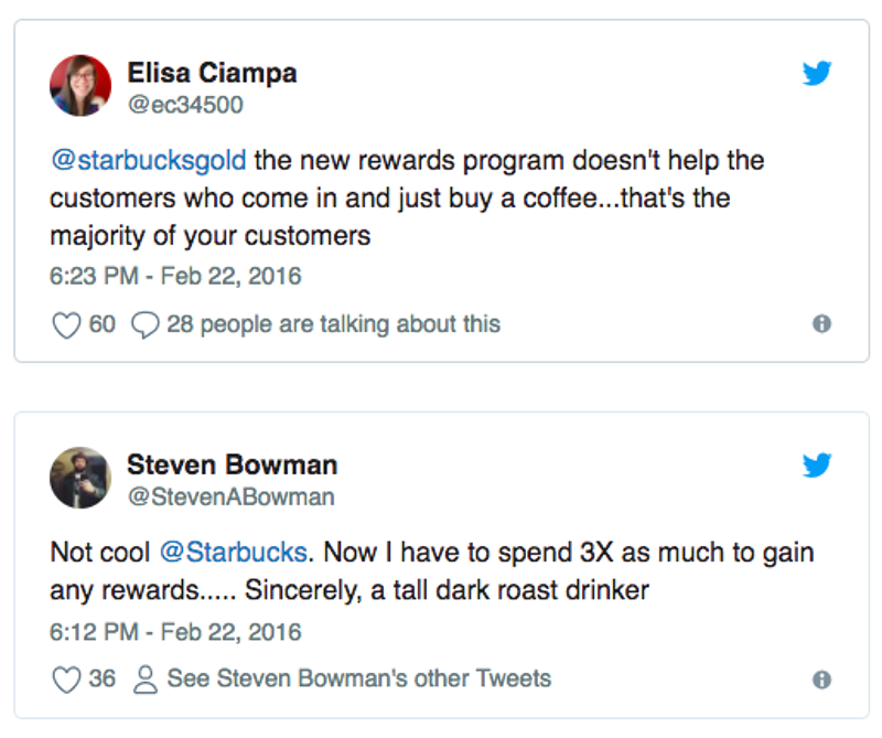 tweets criticizing Starbucks’ rewards program