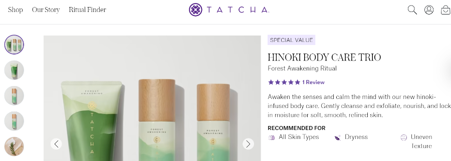 Hinoki body care trio product page on tatcha website.