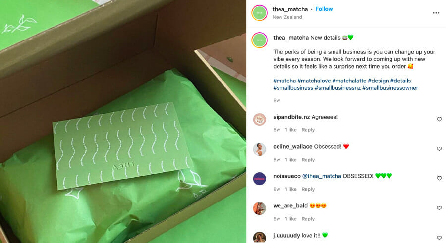 instagram post from thea matcha showing branded packaging