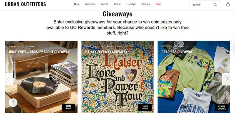a screenshot of urban outfitters’ vinyl, music, and clothing giveaways