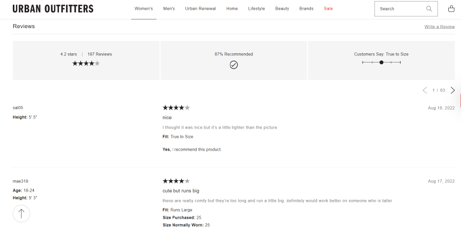 reviews on the urban outfitter's website.