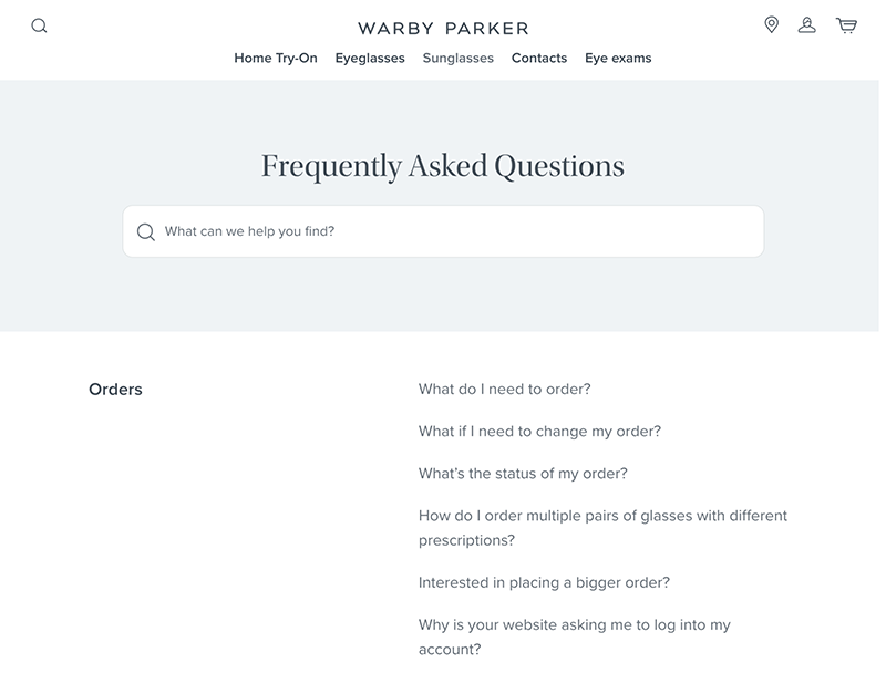 a screenshot of warby parker’s frequently asked questions page
