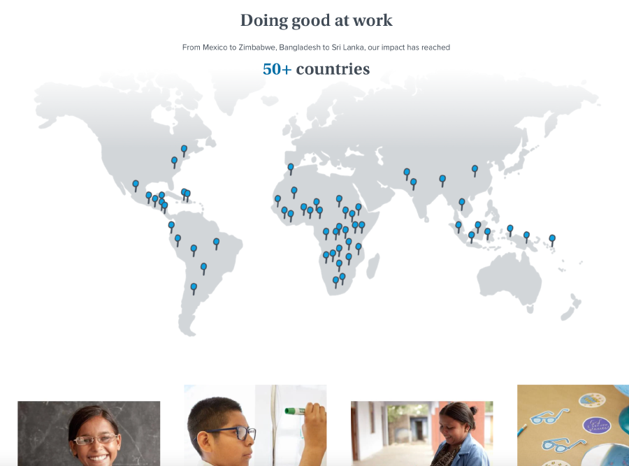 Screenshot of Warby Parker site showing a world map with markers placed where they have had an impact