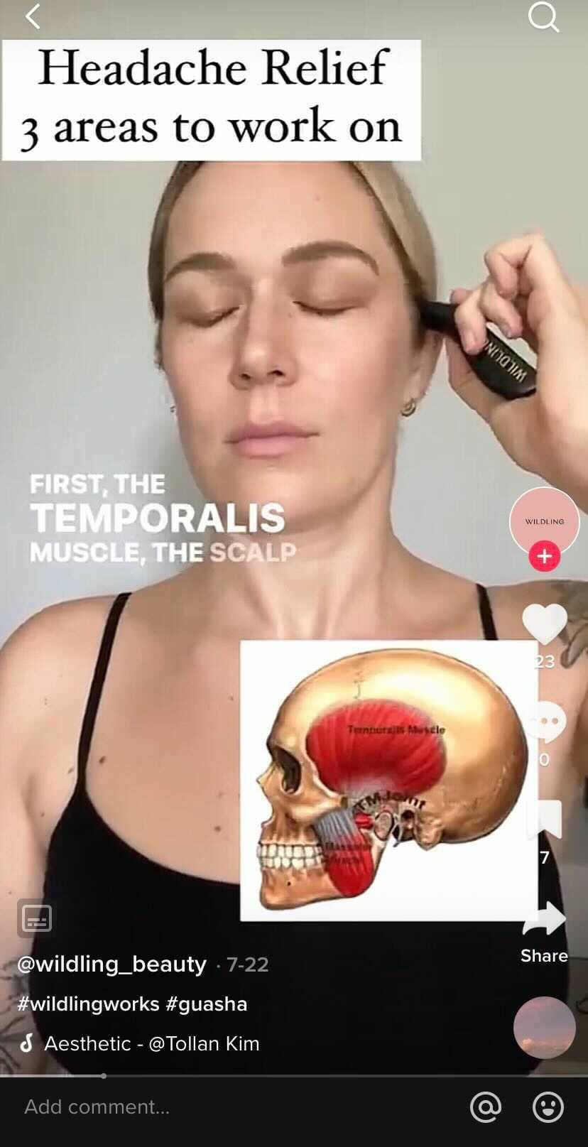 a wildling beauty tiktok video showing three areas to work on for headache relief