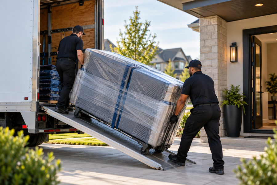 Last mile delivery team unloading an order at customers house.