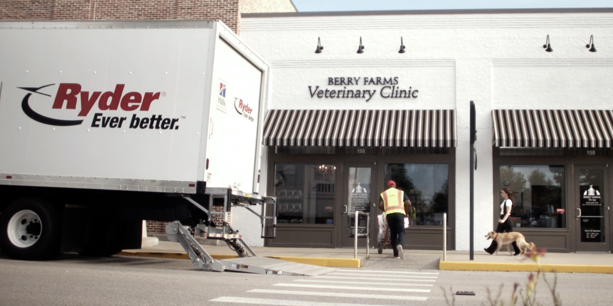 A Ryder truck delivering Hill's Pet Nutrition products to a veterinary clinic A Ryder truck delivering Hill's Pet Nutrition products to a veterinary clinic