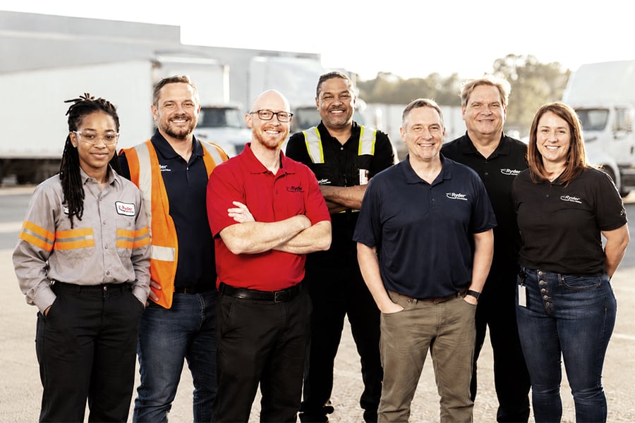 Group of Ryder Employees posing in front of a Ryder truck