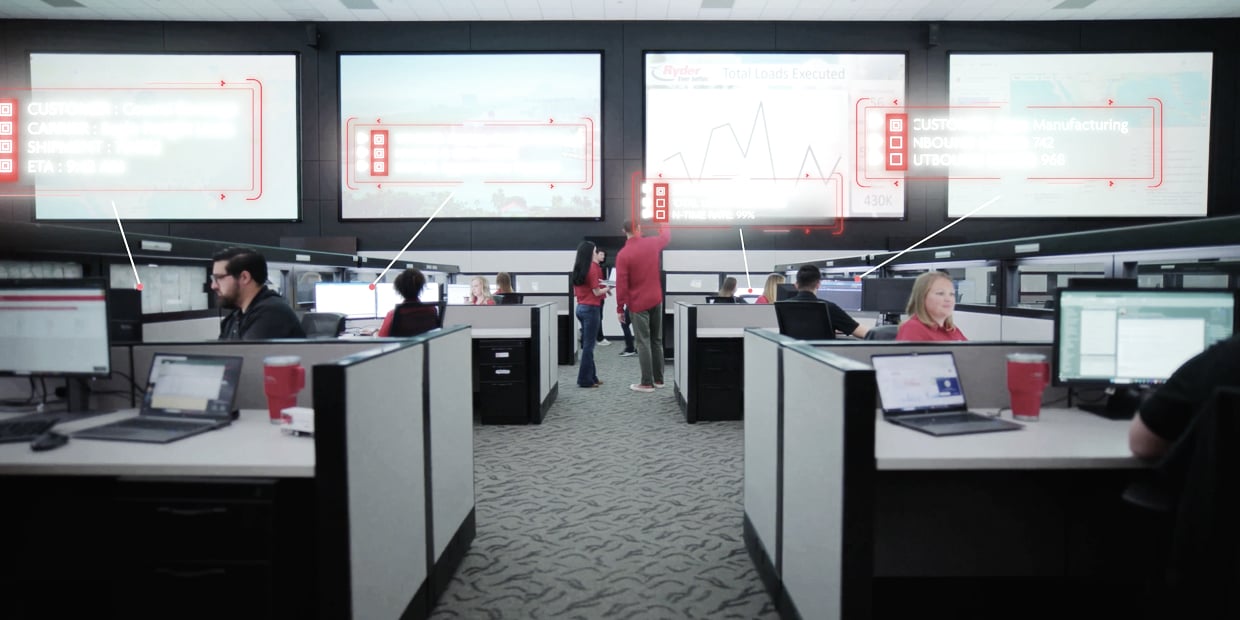 Ryder transportation management team monitoring freight in a logistics control center