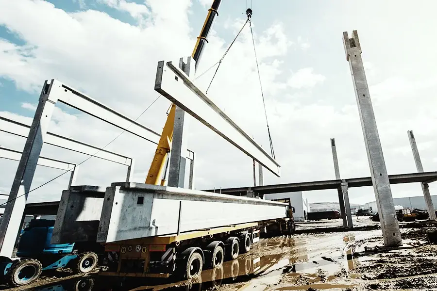 Crane lifting a steel beam during data center construction