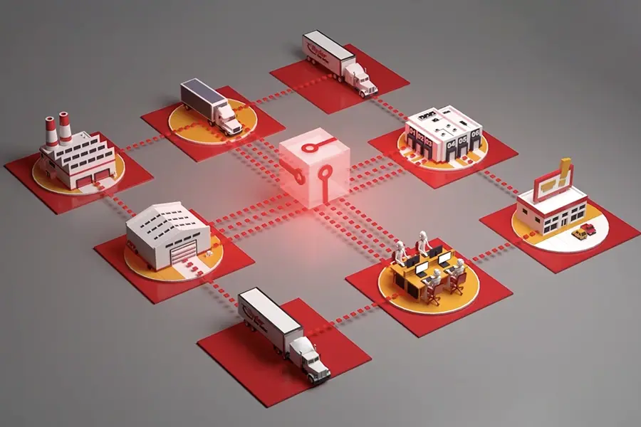 Illustration of a Ryder logistics network connecting suppliers, warehouses, and delivery trucks