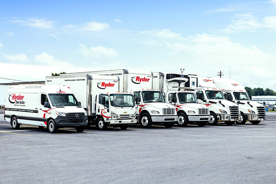 Ryder trucks available for rental lined up outsite of a Ryder rental location